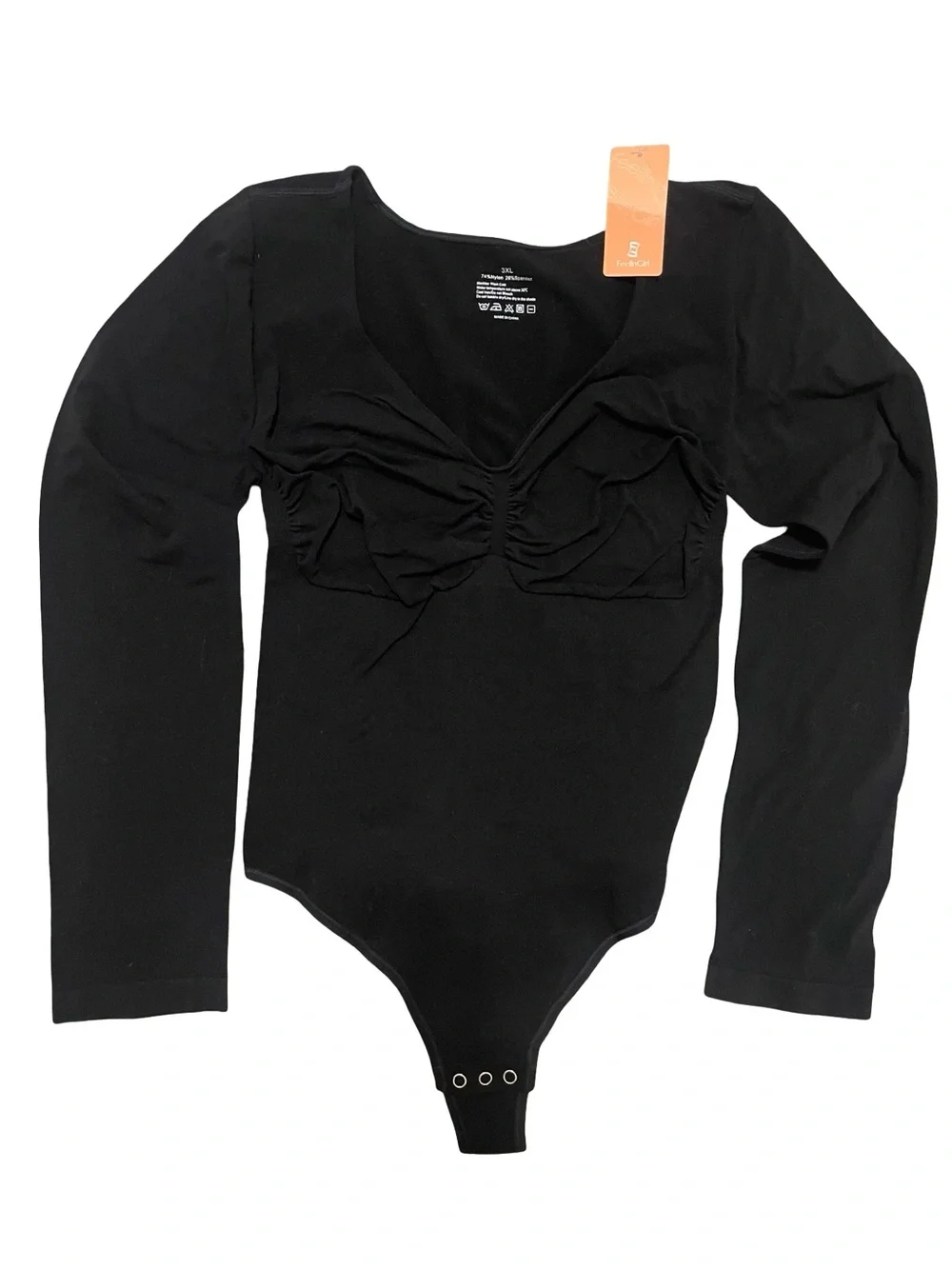 NWT FeelinGirl Black Ruched Long Sleeve Tummy Control Bodysuit - 3XL